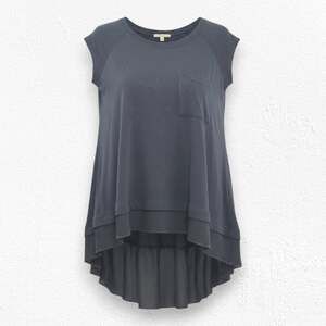 Bordeaux Black High Low Chiffon Hem Pocket Modern Minimal Tunic Top Size Small